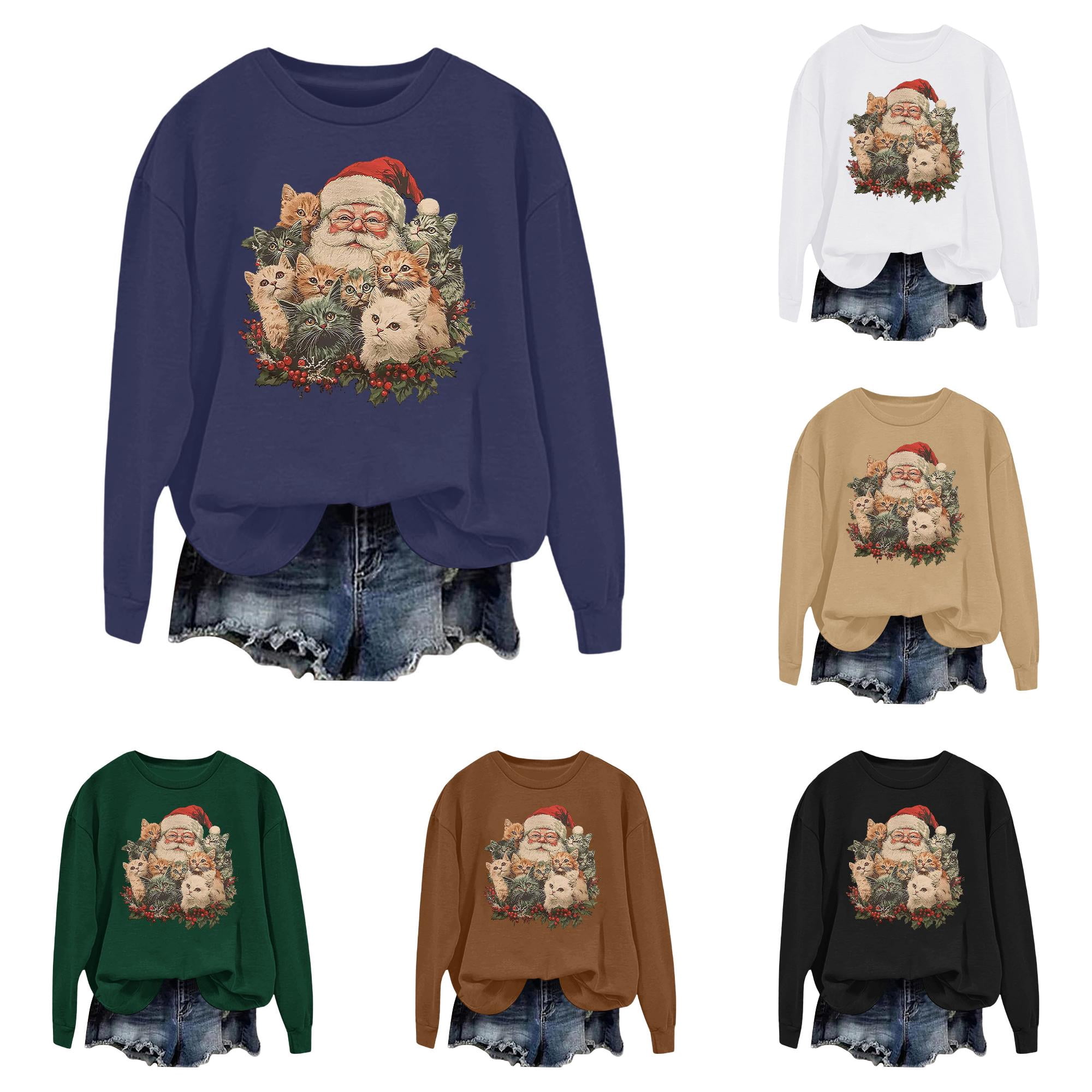SONXAHE Christmas Santa Crew Neck Sweatshirt for Women Cat Kitten Holly ...