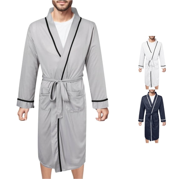SONXAHE Contrast Bathrobe for Men Long Sleeve Open Front Bedtime Sleep Robe