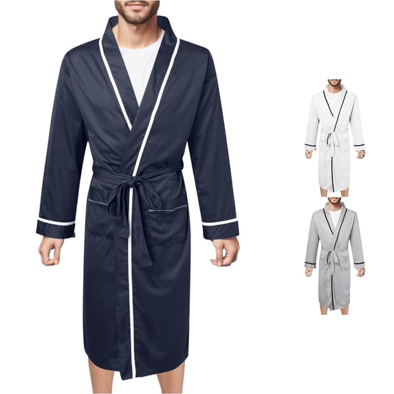 SONXAHE Contrast Bathrobe for Men Long Sleeve Open Front Bedtime Sleep Robe