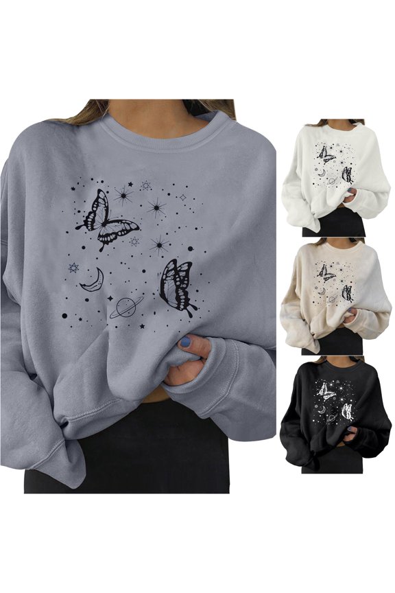 Cosmic-Print Sweatshirt for Women Oversized-Cut Boho Casual Crew Neck Pullover