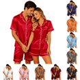 thumbnail image 1 of SONXAHE Couple 2‑Piece Satin Pajama Set Button Up Short Sleeve Top Elastic Waist Shorts Smooth Sleepwear, 1 of 9