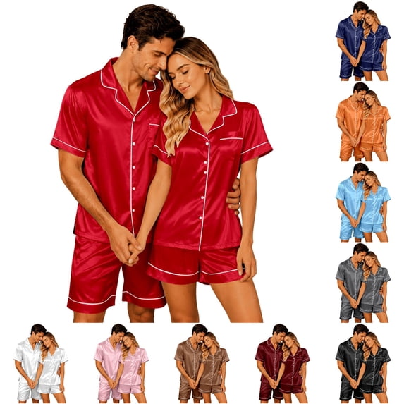 SONXAHE Couple 2‑Piece Satin Pajama Set Button Up Short Sleeve Top Elastic Waist Shorts Smooth Sleepwear
