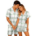 thumbnail image 1 of SONXAHE Couples 2‑Piece Satin Plaid Pajama Set Short Sleeve Button Top Elastic Shorts Sleepwear, 1 of 9