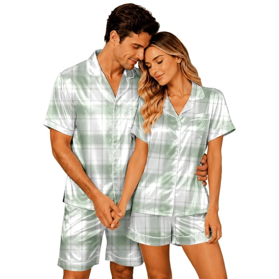 SONXAHE Couples 2‑Piece Satin Plaid Pajama Set Short Sleeve Button Top Elastic Shorts Sleepwear