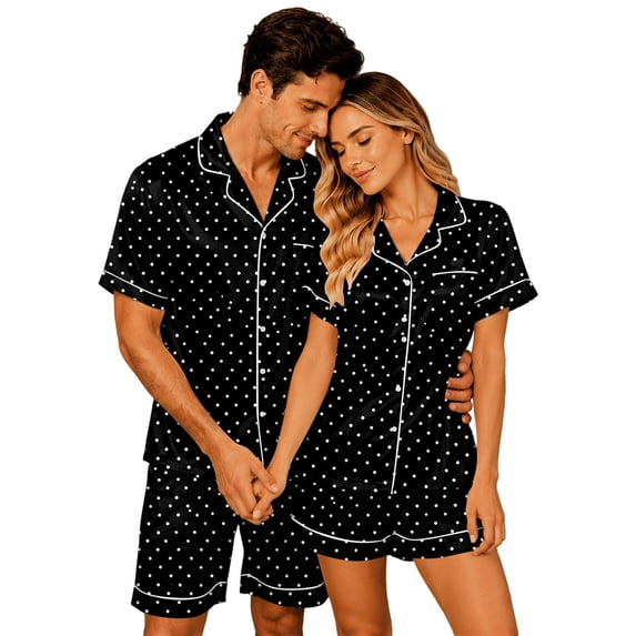 SONXAHE Couples 2‑Piece Satin Polka Dot Pajama Set Short Sleeve Button Top Matching Shorts Sleepwear