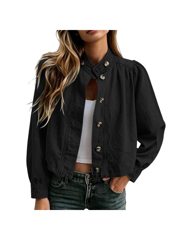Cropped Mandarin Collar Denim Jacket for Women Button Down Puff Sleeve Casual Vintage Jean Jacket