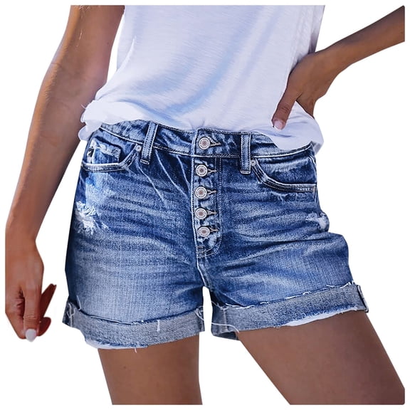 SONXAHE Distressed Button Fly Denim Shorts Womens Rolled Hem Fit Summer Outdoor Casual Bottoms