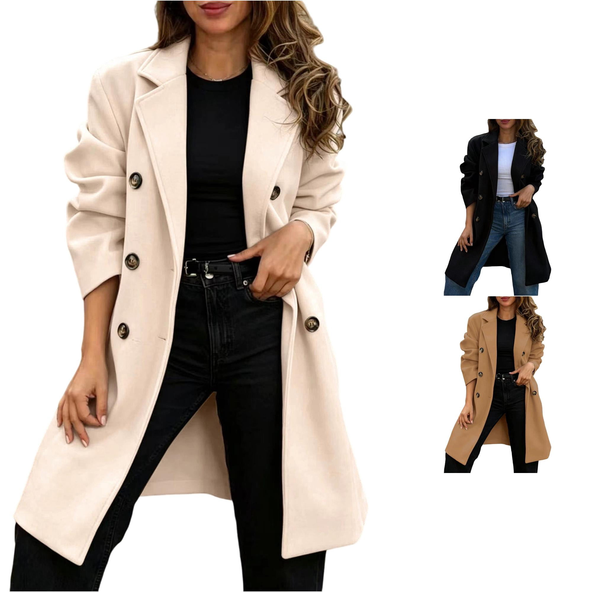 SONXAHE Double Breasted Wool Blend Coat For Women Lapel Long Sleeve Outerwear Mid Length Overcoat