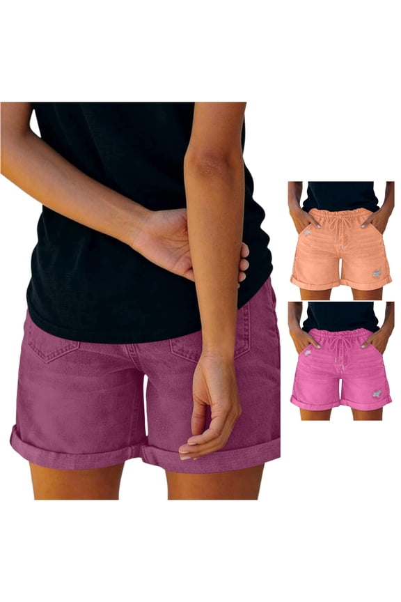 Drawstring Waist Denim Shorts for Women Distressed Casual Weekend Short Pants