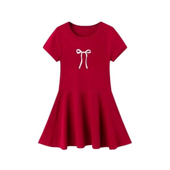 SONXAHE Dress for Big Girl Short Sleeve Round Neck Pleated Dresses Solid Summer Soft Leisure Swing Dress Red