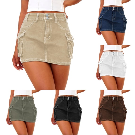 SONXAHE Dual Button Waist Cargo Mini Skirt for Women Side Cargo Pocket Street Daily Denim Skort