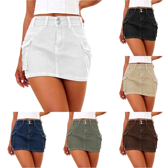 SONXAHE Dual Button Waist Cargo Mini Skirt for Women Side Cargo Pocket Street Daily Denim Skort