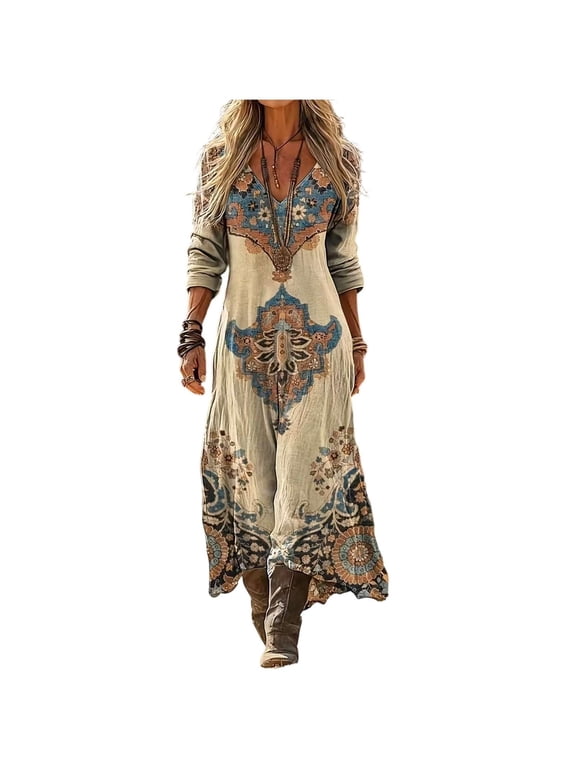 Ethnic Patterned Maxi Dress for Women Long Sleeve V Neck Bohemian Everyday Sundress