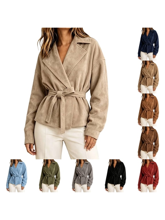 Faux Suede Wrap Tie Waist Jacket For Women Lapel Collar Long Sleeve Cropped Casual Outerwear Coat