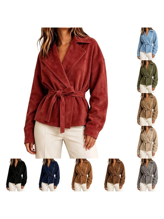 Faux Suede Wrap Tie Waist Jacket For Women Lapel Collar Long Sleeve Cropped Casual Outerwear Coat