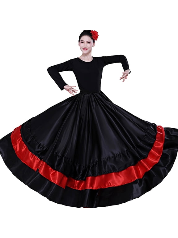 Flamenco Ruffle Layered Satin Dance Skirt for Women Big Swing Performance Bottoms
