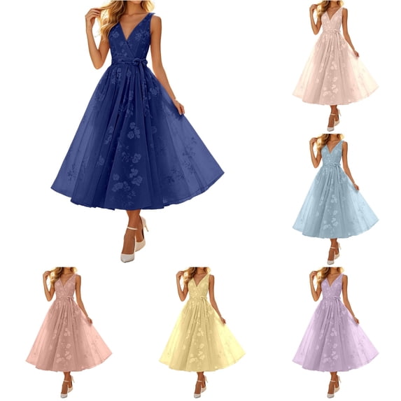 SONXAHE Floral Lace Midi Dress For Women Wrap V Neck Waist Tie Tulle Skirt Bridal Long Dress