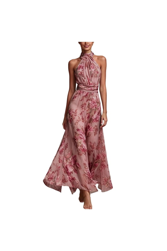 Floral-Print Maxi Dress for Women Sleeveless Halter-Neck Formal Evening Long Dresses