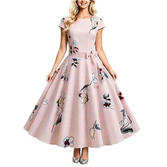 SONXAHE Floral Print Midi Dress For Women Cap Sleeve Waist Band Flared Silhouette Bridal Long Dress