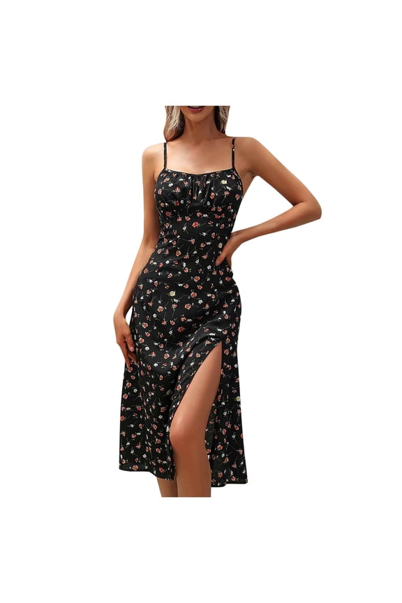 Floral Split Midi Dress for Women Double Spaghetti Strap Summer Casual Slim Bodycon Gown