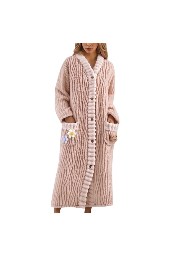 Flower Bear Print Bath Robe For Women Button V Neck Long Sleeve Full Night Gown