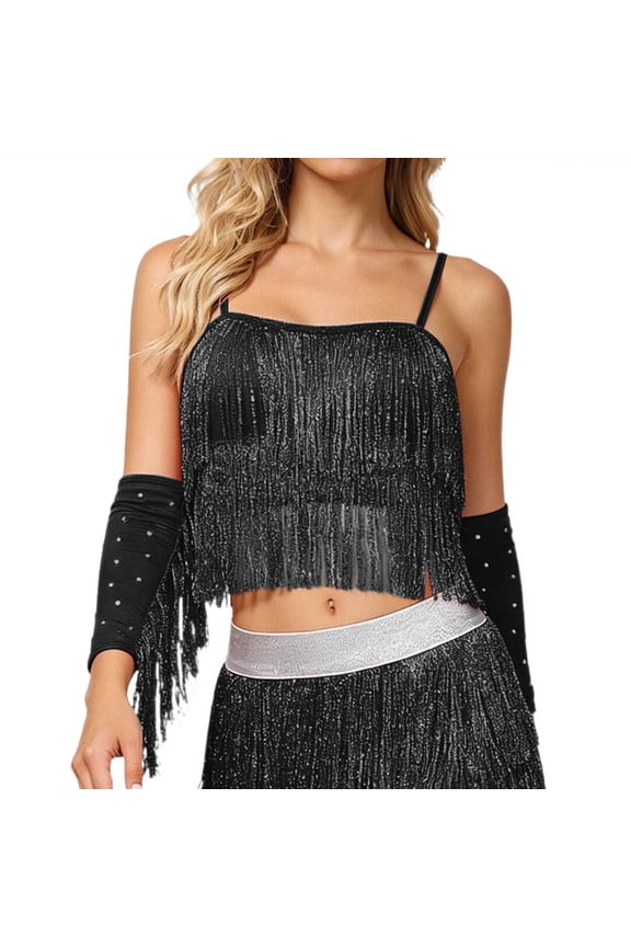 Fringe-Trimmed Cropped Cami for Women Sequin Shimmer Party Nightclub Spaghetti-Strap Tank