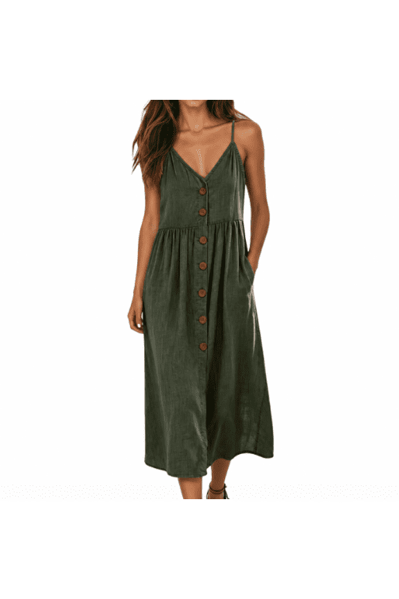 Front-Buttoned Midi Dress for Women Spaghetti-Strap Daily Casual Mid Length Sundress