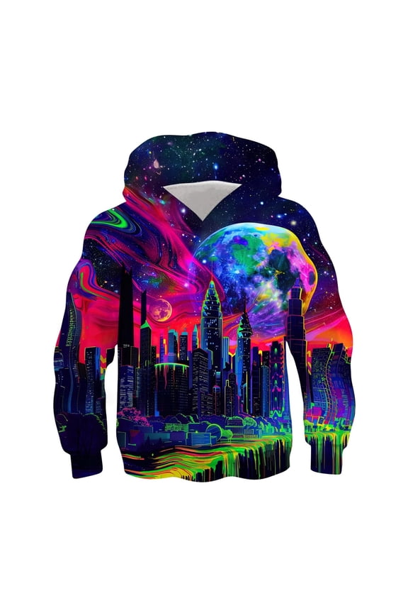 Galaxy Print Hoodie for Toddler Boys City Long Sleeve Sweatshirt Streetwear Hooded Sweatshirt,Dark Blue
