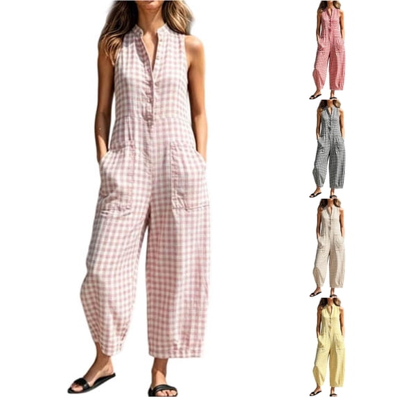 SONXAHE Gingham Plaid Sleeveless Jumpsuit For Women Stand Collar Wide Leg Casual Bottoms