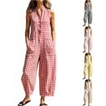 thumbnail image 1 of SONXAHE Gingham Plaid Sleeveless Jumpsuit For Women Stand Collar Wide Leg Casual Bottoms, 1 of 4