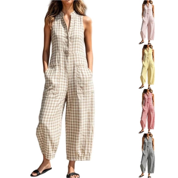 SONXAHE Gingham Plaid Sleeveless Jumpsuit For Women Stand Collar Wide Leg Casual Bottoms