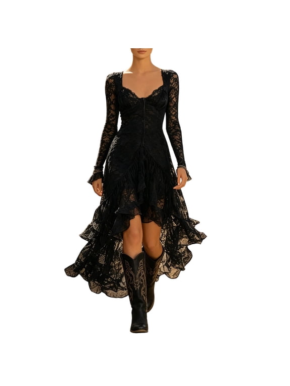 Gothic Lace Square Neck Ruffle High Low Dress for Women Long Sleeve Asymmetric Gown