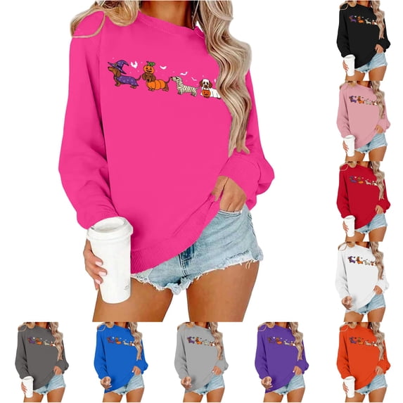 SONXAHE Halloween Dachshund Dog Print Sweatshirt For Women Crew Neck Long Sleeve Pullover Tops