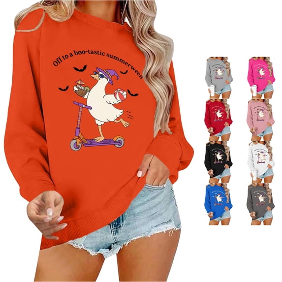 SONXAHE Halloween Duck Graphic Print Sweatshirt For Women Crew Neck Long Sleeve Pullover Tops
