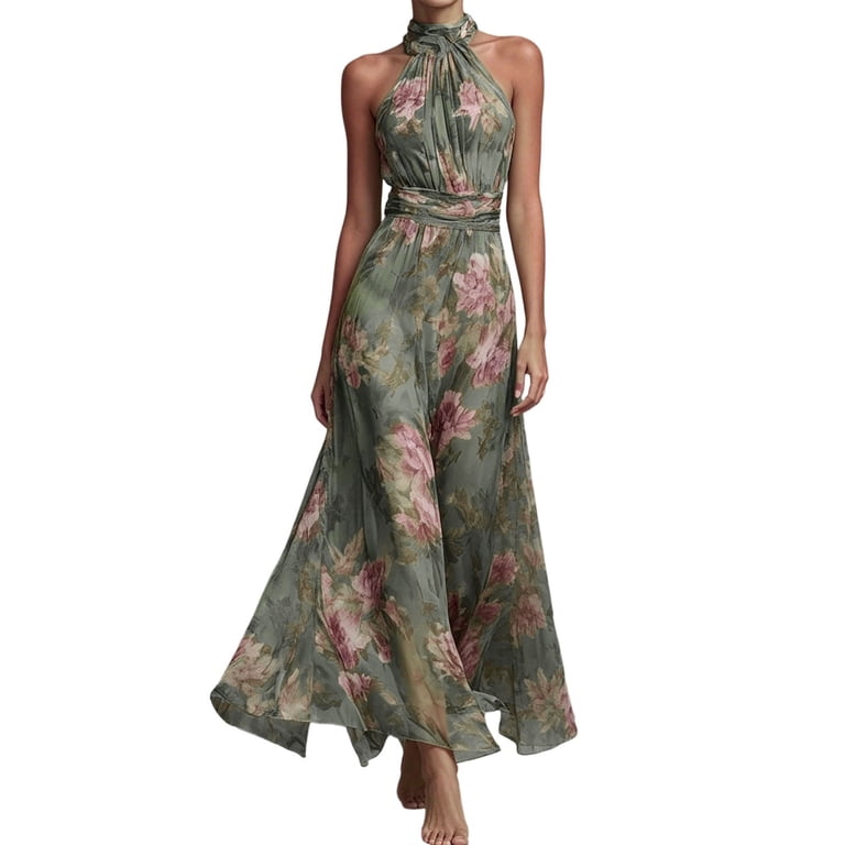 halter neck flare dress SONXAHE Halter Neck Maxi Dress for Women Ruched Waist Resort Evening Flare  Dress