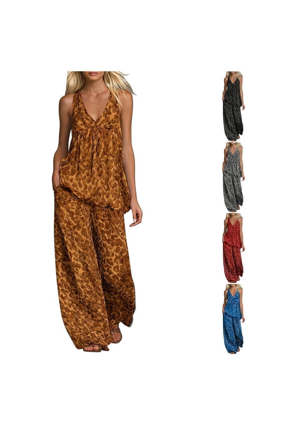 Halter V-Neck Two Piece Set for Women Leopard Printed Everyday Casual Matching Pant Suit