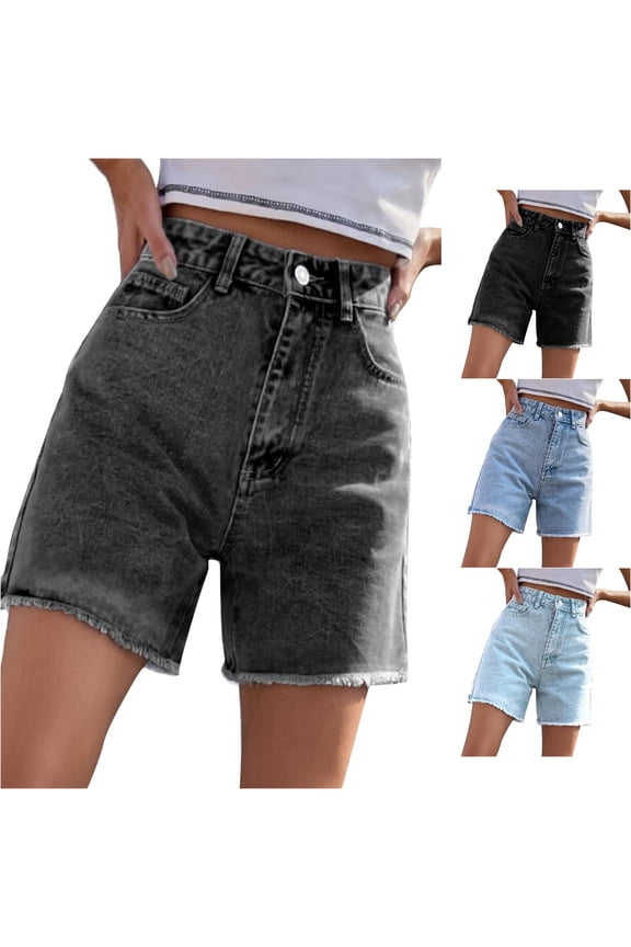 High Rise Denim Shorts for Women Frayed Hem Casual Daily Jean Bottoms