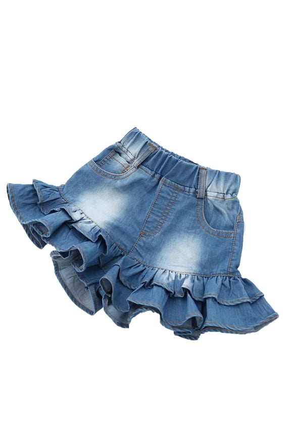 Girls Denim Skirt Shorts Elastic Waist Casual Kids Ruffled Hem Skort with Pockets,Blue