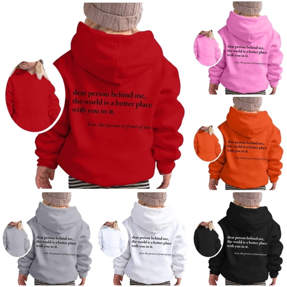 SONXAHE Kid's Minimal Script Dear Person Behind Me Text Back Printed Hoodie Long Sleeve Casual Pullover Kindness Hooded Sweatshirt,Red