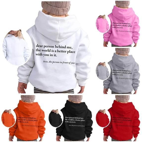 SONXAHE Kid's Minimal Script Dear Person Behind Me Text Back Printed Hoodie Long Sleeve Casual Pullover Kindness Hooded Sweatshirt,White