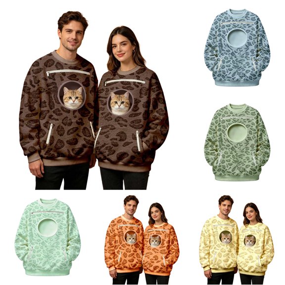 SONXAHE Leopard Pet Pocket Print Sweatshirt for Unisex Adults Cat Casual Christmas Pullover Sweaters