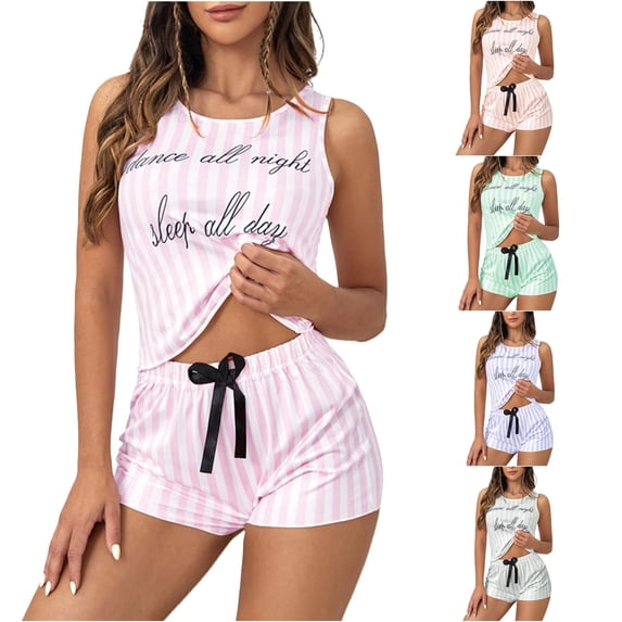 SONXAHE Letter Stripe Print Pajama Sets for Women Sleeveless Tank Top Short Pant Sleepwear