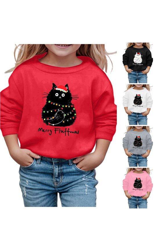 Little Girl's Cat Graphic Sweatshirt Long Sleeve Sweatshirts Sweat Tops Soft Sweatshirts,Red