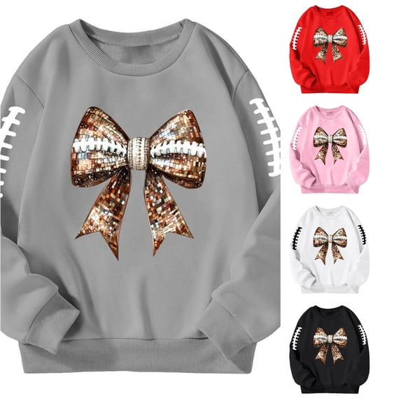 SONXAHE Little Girl's Football Bow Sleeve Print Sweatshirt Long Sleeve Graphic Sweatshirts Game Day Sweat Tops,Grey