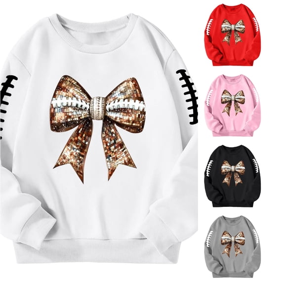 SONXAHE Little Girl's Football Bow Sleeve Print Sweatshirt Long Sleeve Graphic Sweatshirts Game Day Sweat Tops,White