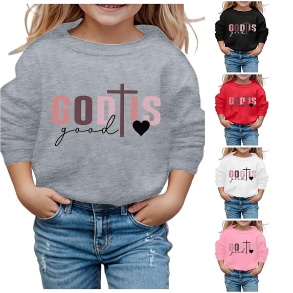 SONXAHE Little Girl's God Is Good Cross Heart Printed Crewneck Sweatshirt Long Sleeve Casual Pullover Faith Sweatshirt,Grey