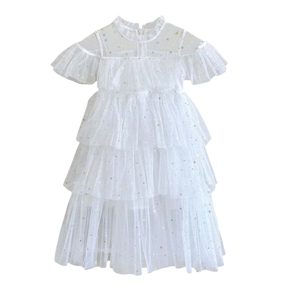 SONXAHE Little Girls' Dress Moon Star Sequin Short Sleeve A-Line Dress Summer Holiday Outdoor Mesh Sundress White