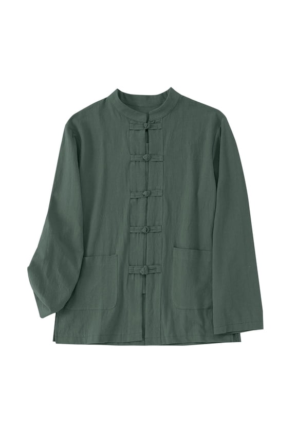 Mandarin Collar Knot-Button Shirts for Men Pocketed Traditional-Inspired Casual Button-Downs