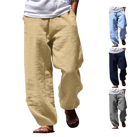 SONXAHE Men Linen Blend Pants Drawstring Waist Side Pockets Loose Fit Vacation Casual Bottoms