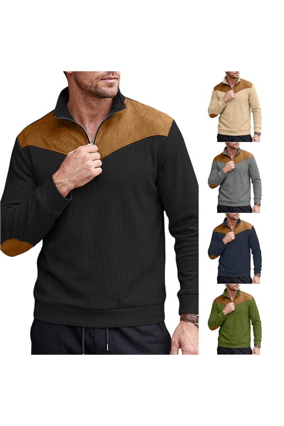 Men's Color Block Half Zip Sweater Elbow Patch Long Sleeve Casual Pullover